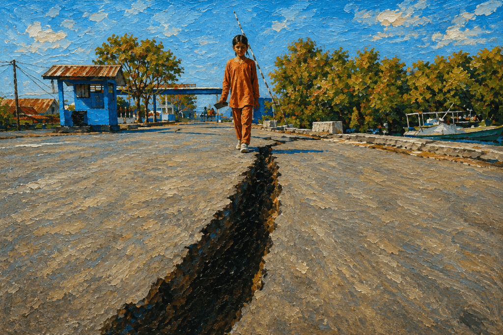 A child walks alongside a road cracked by the earthquake near Marapokot Harbor, Marapokot Village, Nagekeo Regency, East Nusa Tenggara Province, Indonesia, on August 16, 2026.Ignasius Kunda—Anadolu/Getty Images